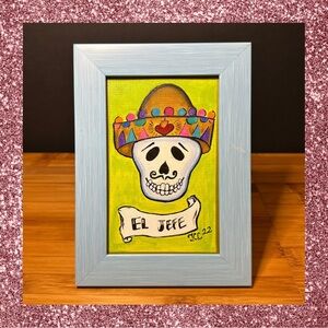 Original acrylic painting. Colorful Skull Art in Blue Frame. 🎨Price is Firm🎨